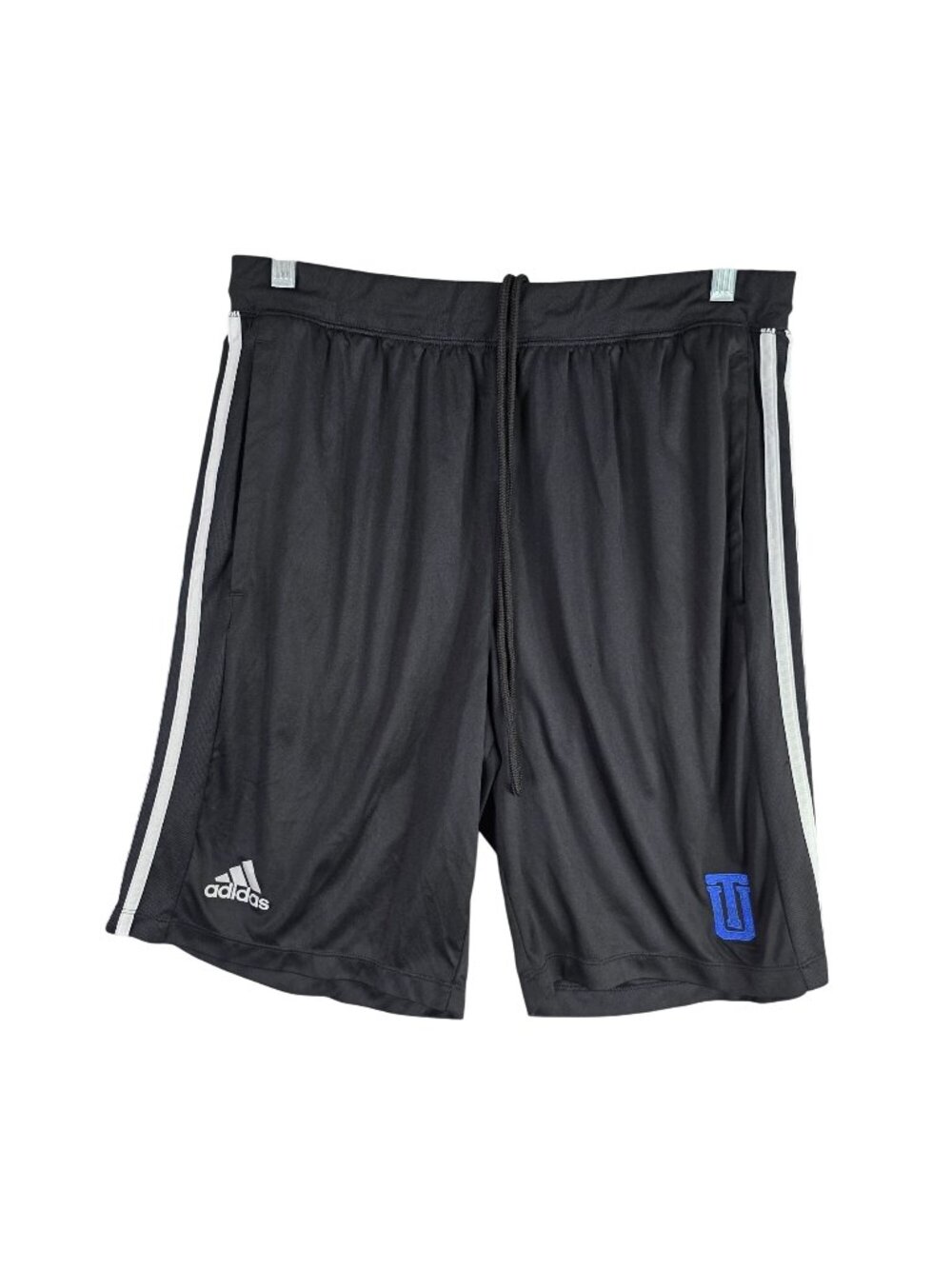 Mens Adidas Black Athletic Shorts Polyester White Stripes Drawstring Size L